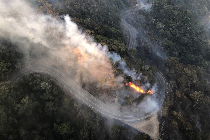 Fire cuts off the main road into Eungella on November 11, 2018.