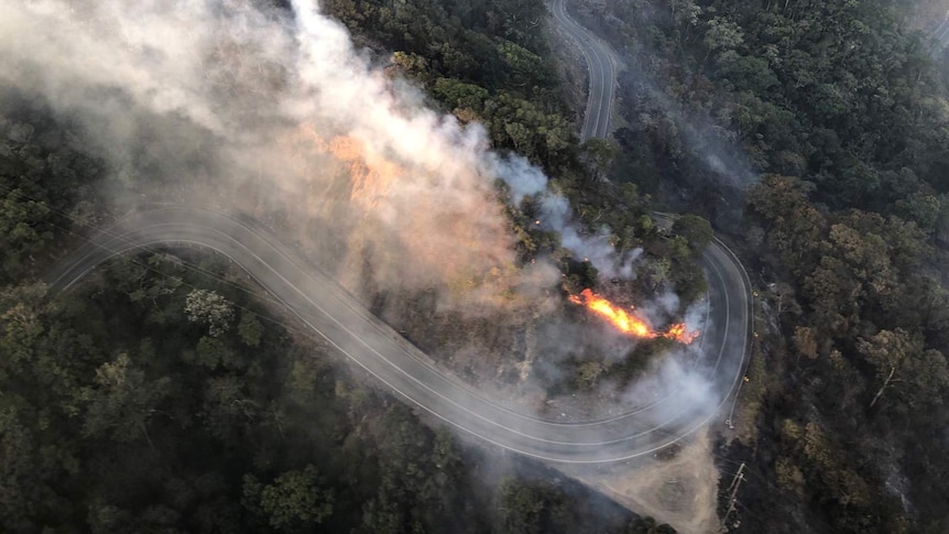 Fire cuts off the main road into Eungella on November 11, 2018.