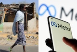 A militia member walks with a gun over their shoulder next to a photo of a phone with the Meta logo displayed. 