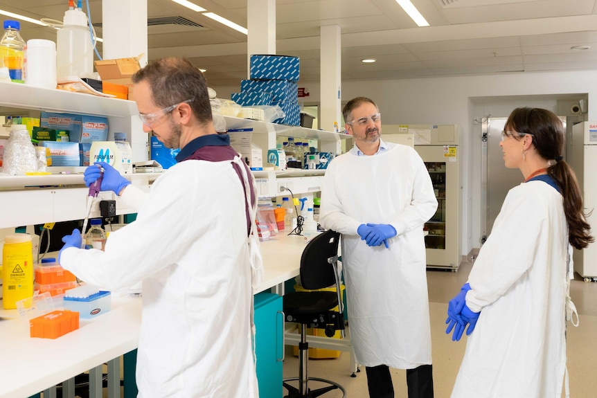 Claudio Counoupas, Jamie Triccas and Megan Steain wearing long white lab coats and talking in a lab.