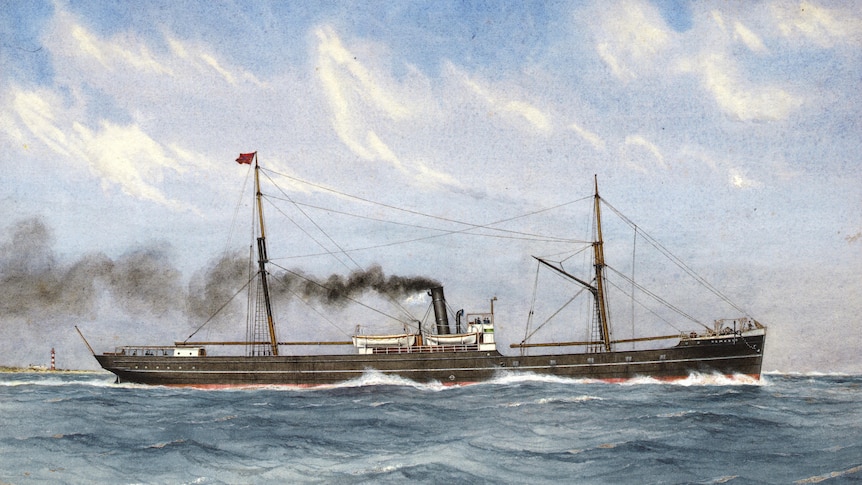 A painting of a cargo steamship from the early 1900s.