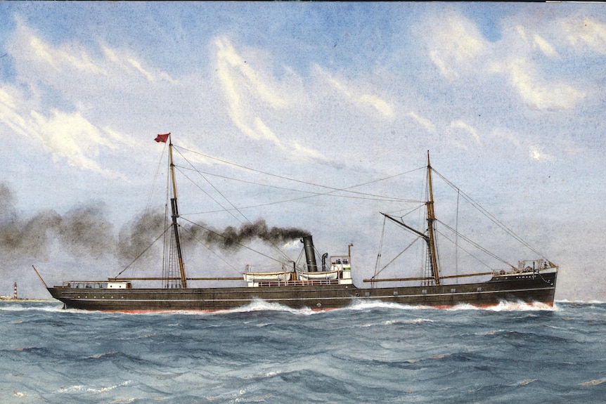 A painting of the cargo ship the SS Nemesis which sunk during a storm in 1904 while travelling from Newcastle to Melbourne.