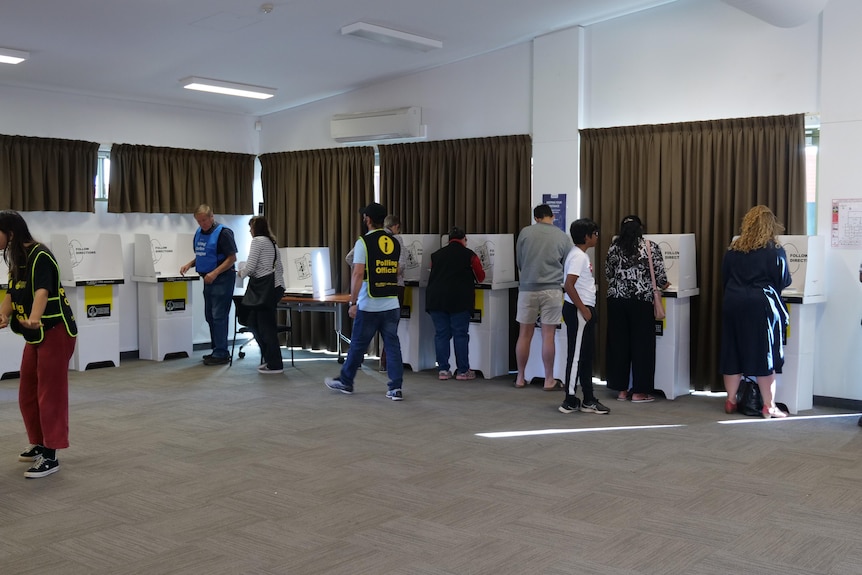 People standing at polling booths to vote.