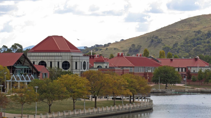 Close up of buildings next to Lake Tuggeranong in Canberra’s south. View from Soward Way bridge. Taken April 18, 2013.