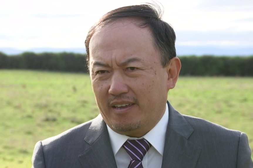 Developer Ronald Hu on the site where he wants to build a large resort near Swansea in Tasmania
