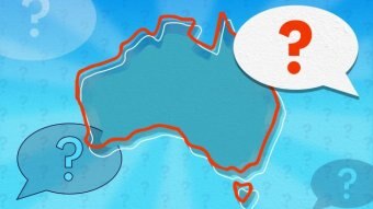 An outline of Australia surrounded by questions marks and speech bubbles.