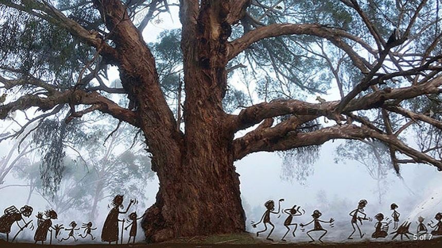 Cartoon people walk over a photo of a tree