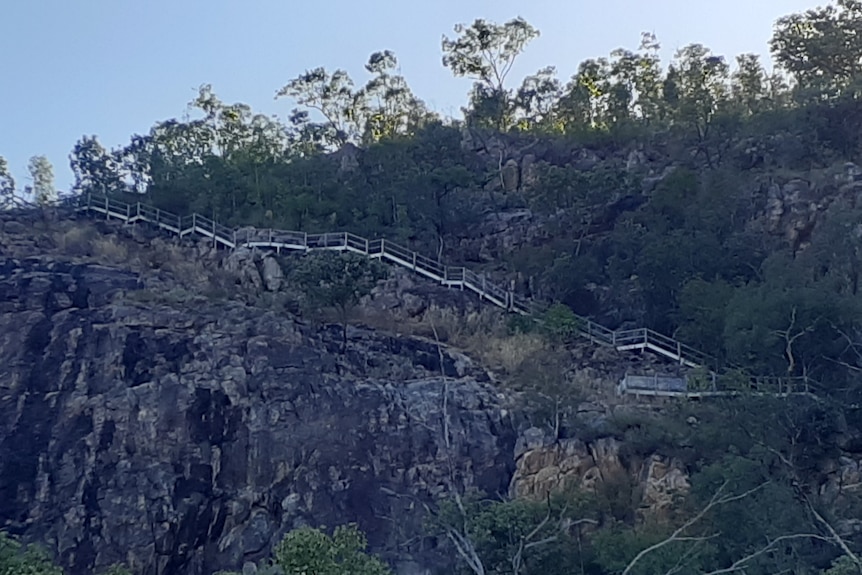 A picture, taken from the bottom of the rocky cliff, of the new walking track at Gunlom.