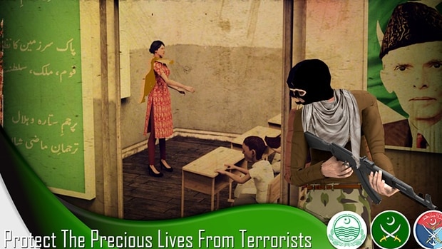 An armed man looks into a classroom in a still from the Pakistan Army Retribution game