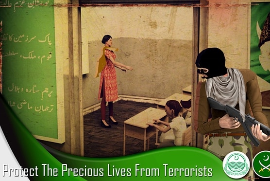 An armed man looks into a classroom in a still from the Pakistan Army Retribution game