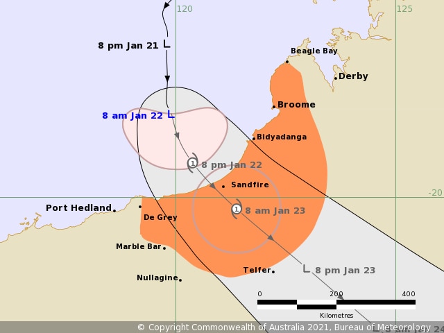 Cyclone track map showing gales from De Grey to Begale Bay and inland to Tefler.