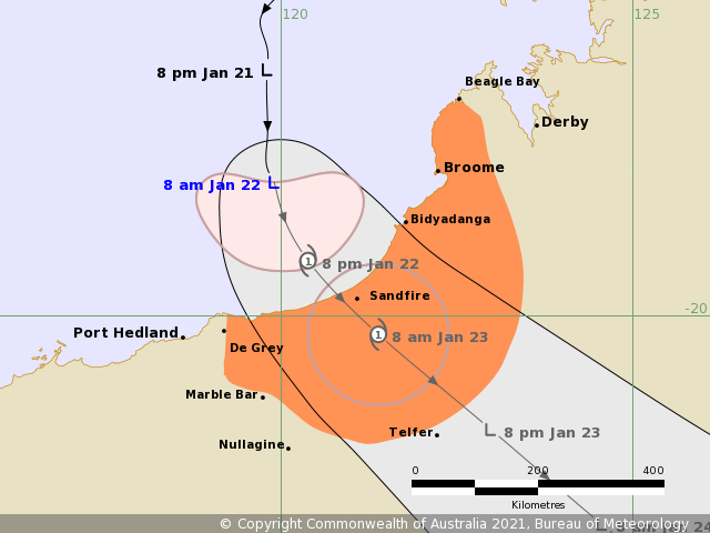 Cyclone track map showing gales from De Grey to Begale Bay and inland to Tefler.