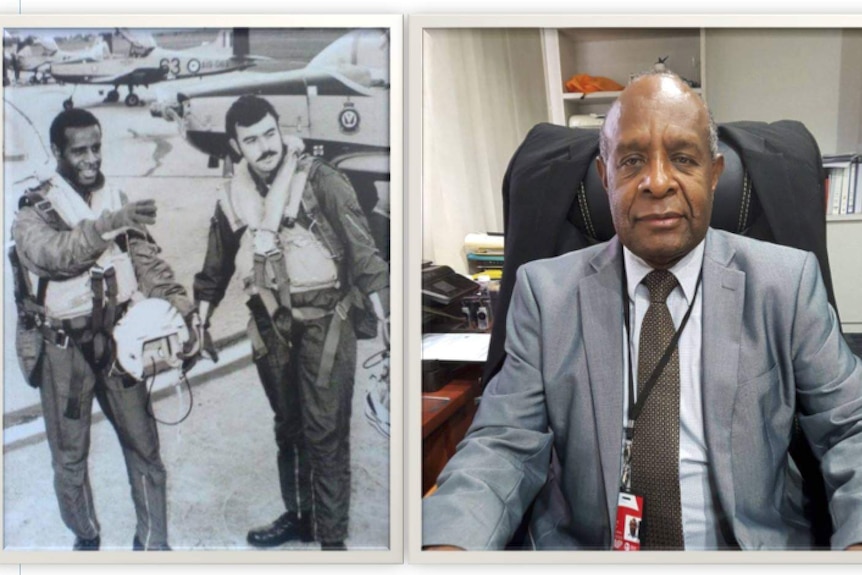 Captain David Inau as a young pilot in a black and white photo, next to that photo he sits in an office during the current time