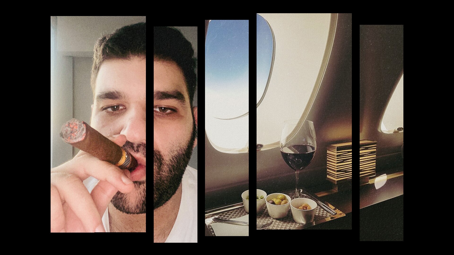 A composite of images of a man smoking a large cigar and a view from a first class seat in a plane with a glass of wine