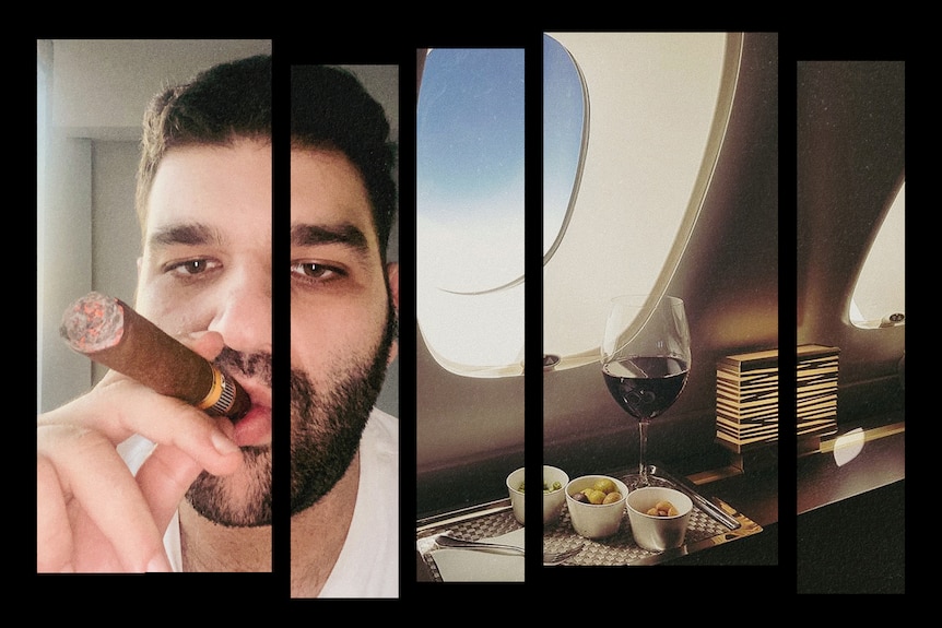 A composite of images of a man smoking a large cigar and a view from a first class seat in a plane with a glass of wine