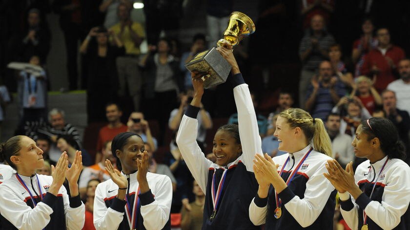 The United States celebrates with the trophy after beating the Czech Republic 89-69