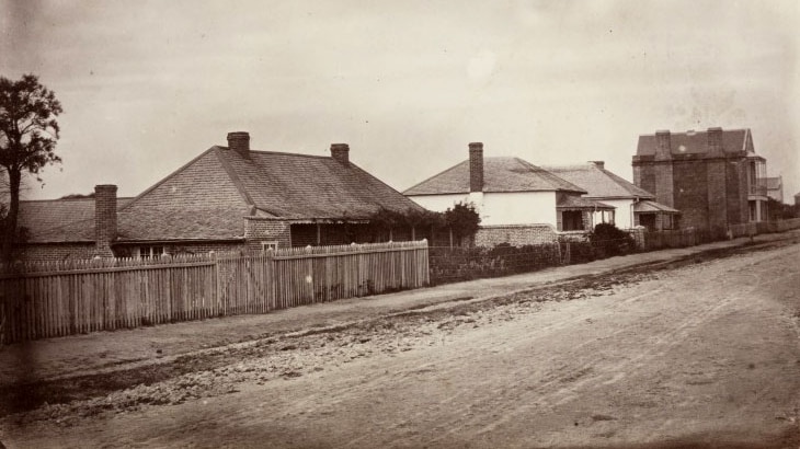 Homes on St George's Terrace (now the centre of Perth CBD) including the residence of J.S. Roe at the far right c1860.