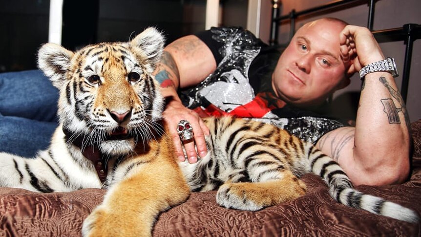 Tasmanian bodybuilder Wayne Howlett poses with a tiger in Russia.