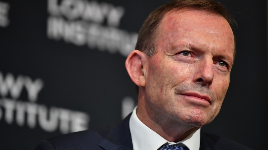 Tony Abbott wears a dark suit and tie 