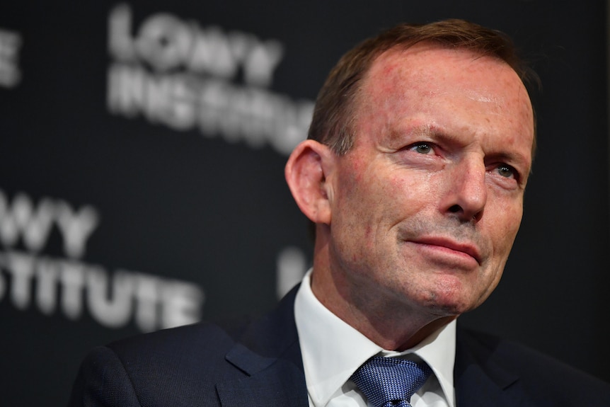 Tony Abbott wears a dark suit and tie 