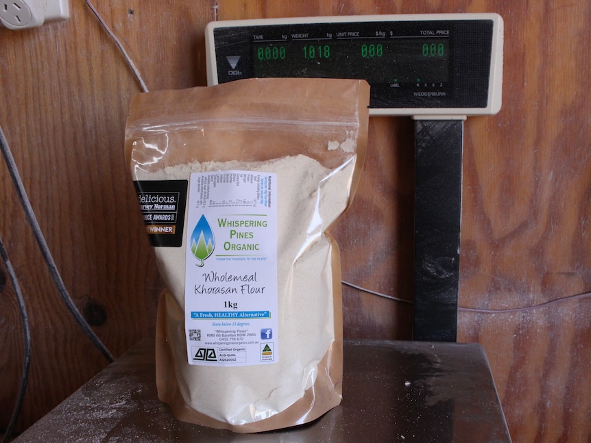 A 1kg bag of Khorasan wheat flour sits on a set of scales