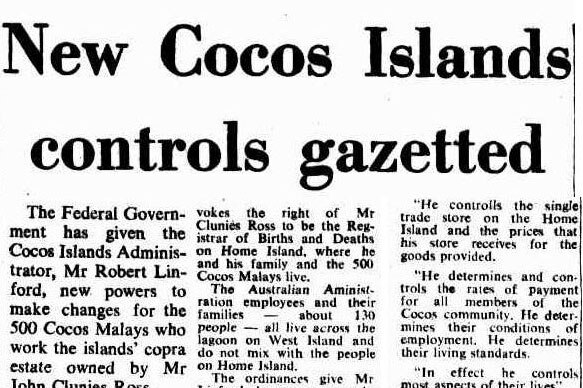 New Cocos Control gazetted - The Canberra Times report from Thursday October 16, 1975.