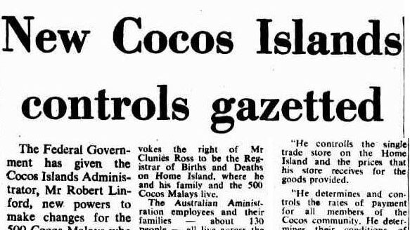 New Cocos Control gazetted - The Canberra Times report from Thursday October 16, 1975.