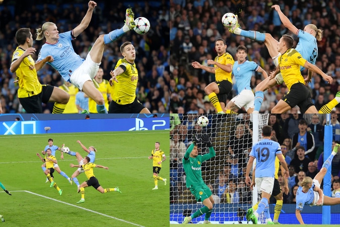 Composite image of four photos of Erling Haaland's goal for Manchester City against Borussia Dortmund in the Champions League.