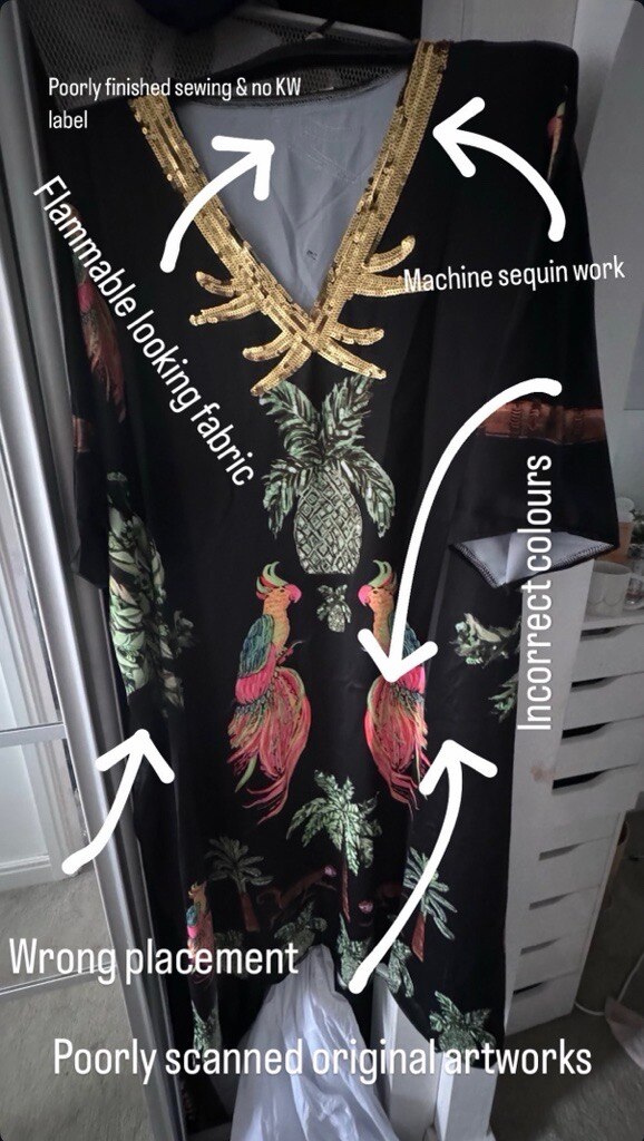 A kaftan with arrows pointing out incorrect colours and machine sequins. 