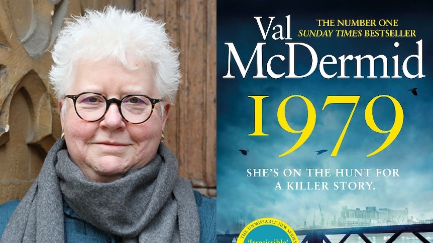 Headshot of Val McDermid on left, book cover of 1979 on right.