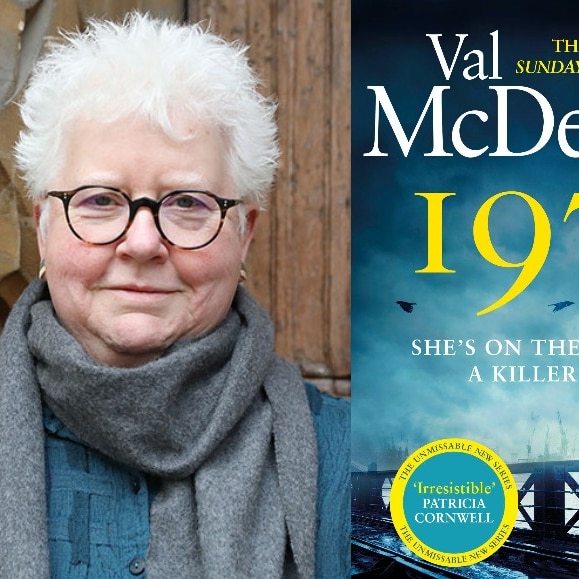 Headshot of Val McDermid on left, book cover of 1979 on right.