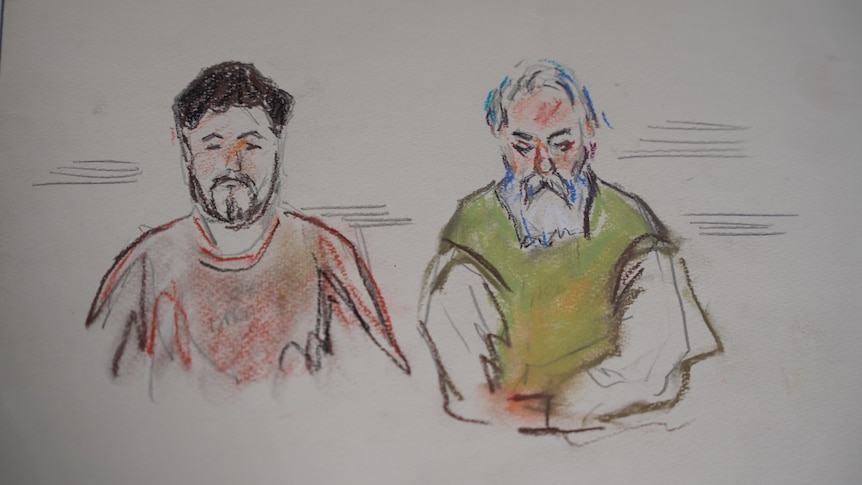 A court sketch of two men with beards.