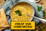 Animated GIF showing rice and lentil soup, potato and carrot stew, vegetarian bean chilli, cheap and hearty dinners.
