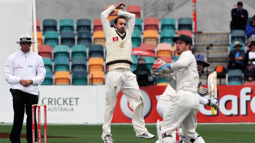 Australia's Nathan Lyon after missing the stumps in Sri Lanka's first innings in the first Test.