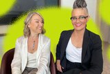 Esther Perel with Yumi Stynes wearing blazers and smiling in the studio looking professional, with a neon green background.