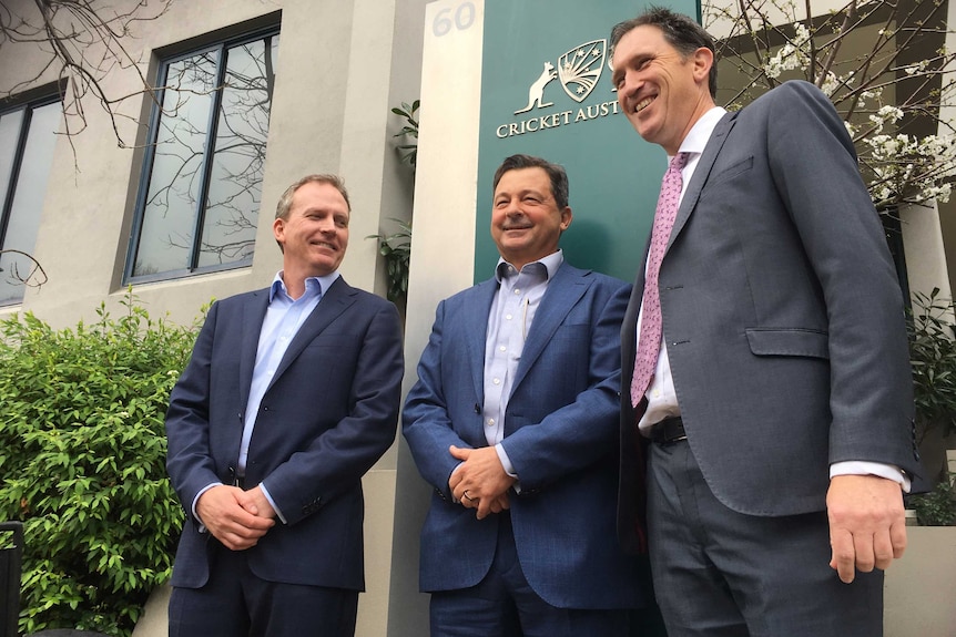 Kevin Roberts, David Peever and James Sutherland outside Cricket Australia's office in Melbourne.