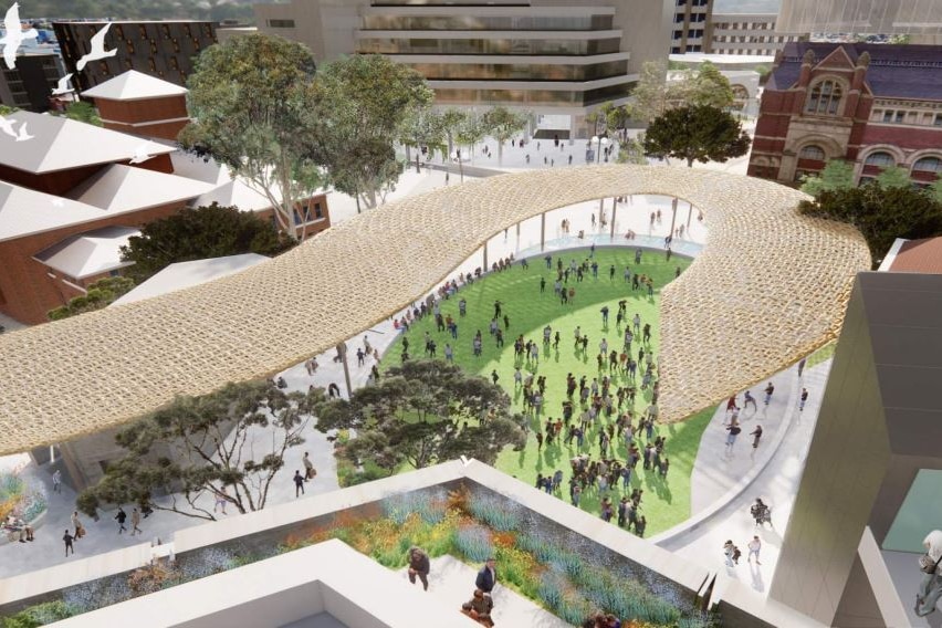 An aerial view of the revamped Perth Cultural Centre with people milling about under an arbour