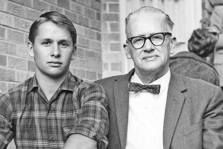 Old black and white photo of Roland and his father when he was at Hawksbury college.