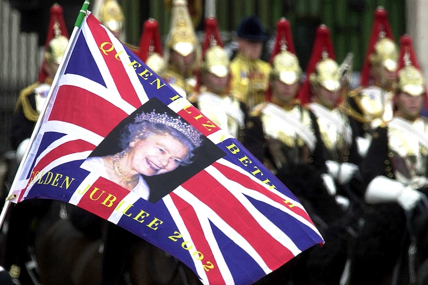 A Golden Jubilee commemorative flag showing Queen Elizabeth II.