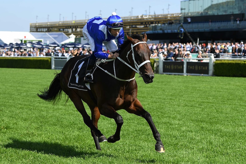 Jockey Hugh Bowman rides Winx for an exhibition gallop at Royal Randwick, in Sydney, 2019.