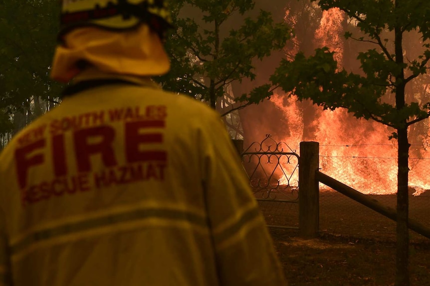 A firefighter in protective gear is seen from behind, watching as a bushfire rages behind a fence