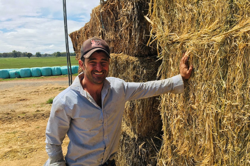 A smiling man in a cap leaning against hay bales.