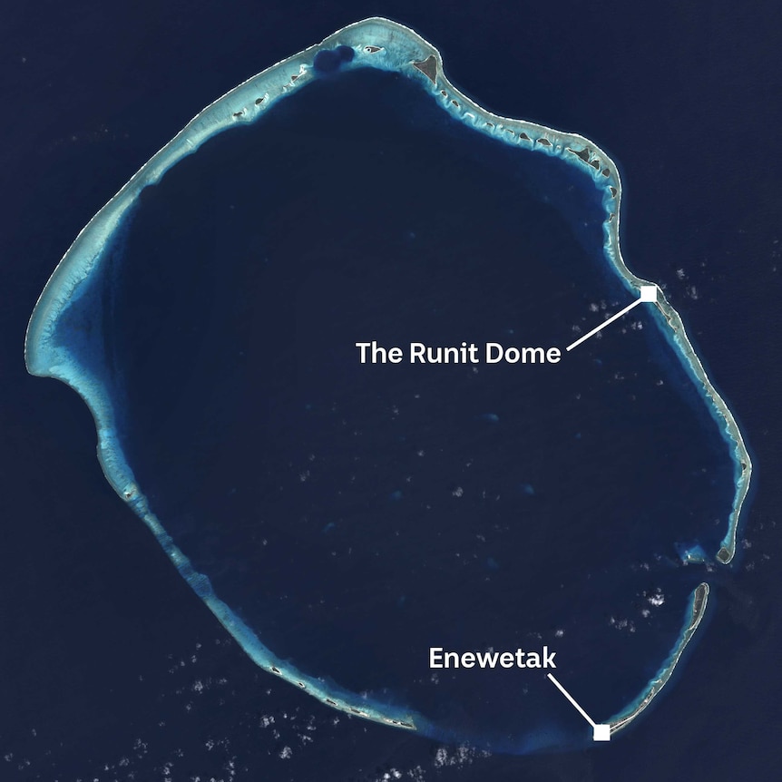 A satellite image of Enewetak Atoll shows the location of the Runit Dome and Enetewak Island.