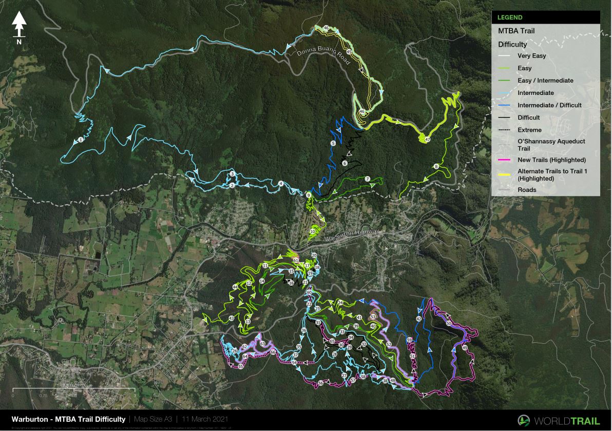 A map showing the proposed mountain bike trails around Warburton.