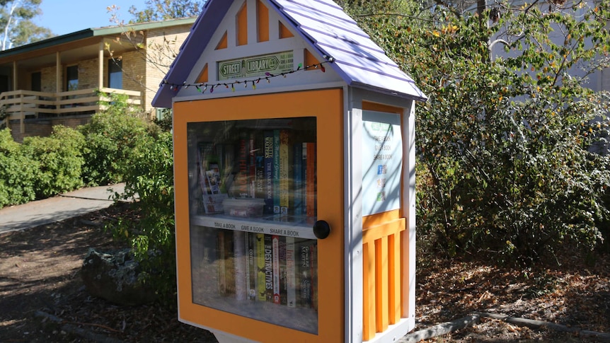 A small library shaped as a house in a Canberra suburban street.