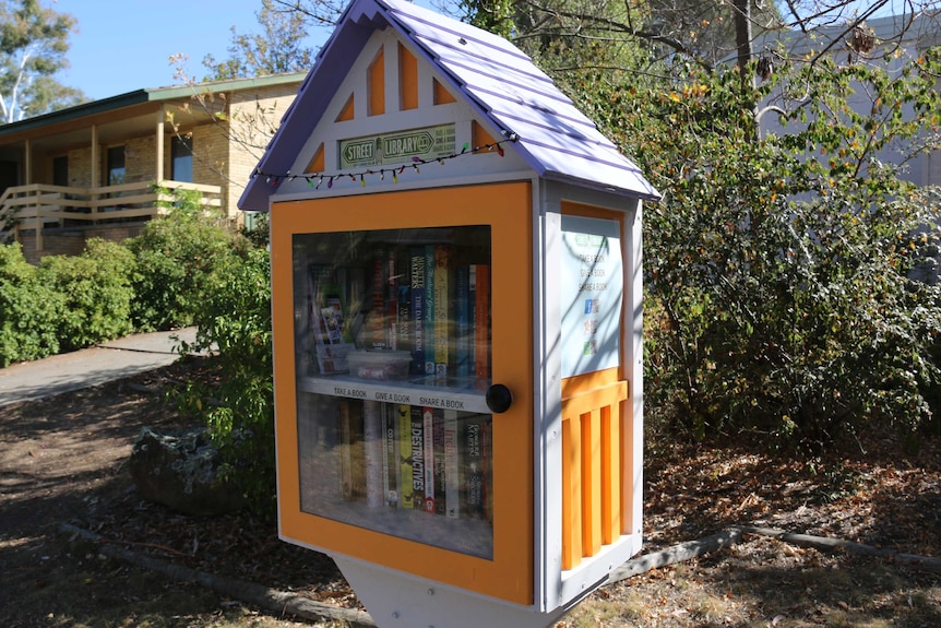 A small library shaped as a house in a Canberra suburban street.