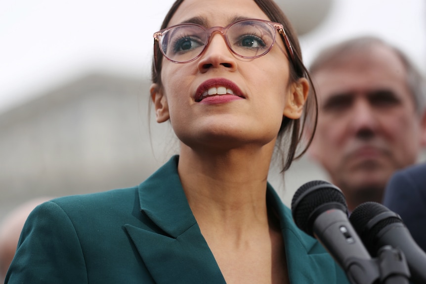 Alexandria Ocasio-Cortez speaks during a media conference.