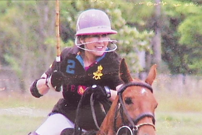 Sydney lawyer Marlene MacFarlane riding a horse during a polo competition