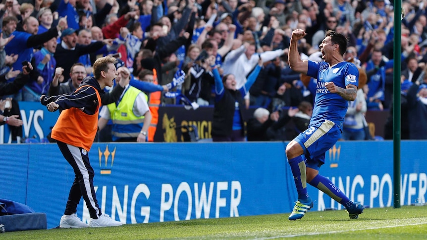 Leonardo Ulloa celebrates with fans after goal against Swansea