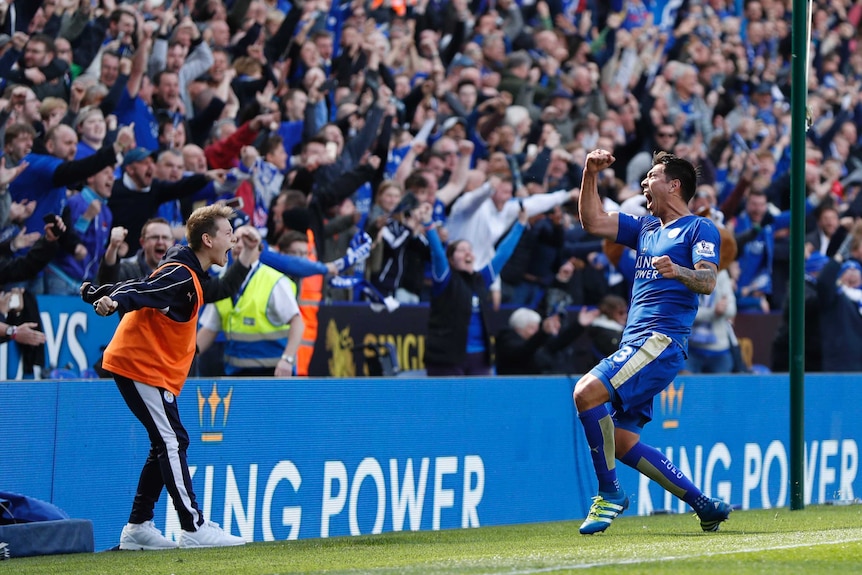 Leonardo Ulloa celebrates with fans after goal against Swansea